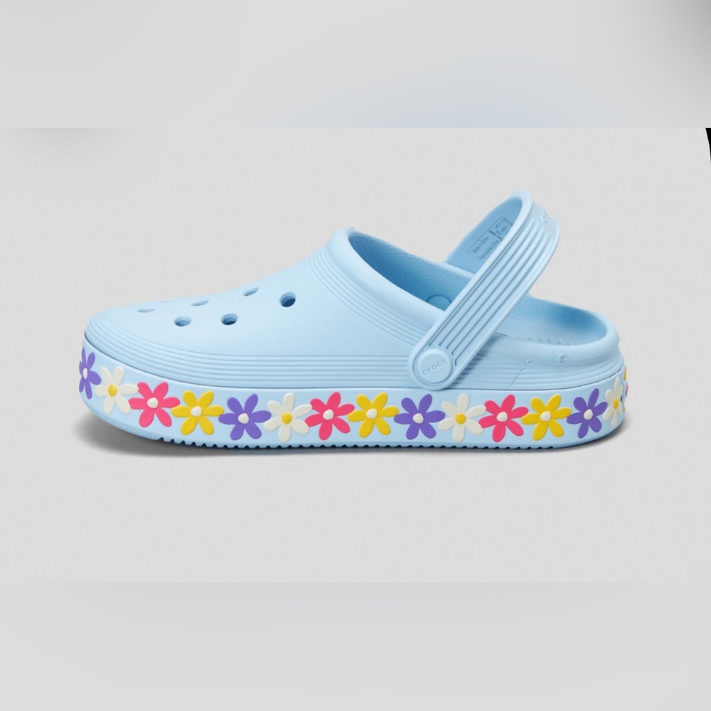 Children's Sky Blue Clogs with Colorful Floral Accents